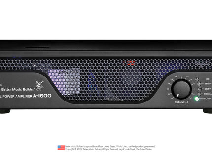 A black 2-channel power amplifier with front panel controls, indicators, and connection ports visible.